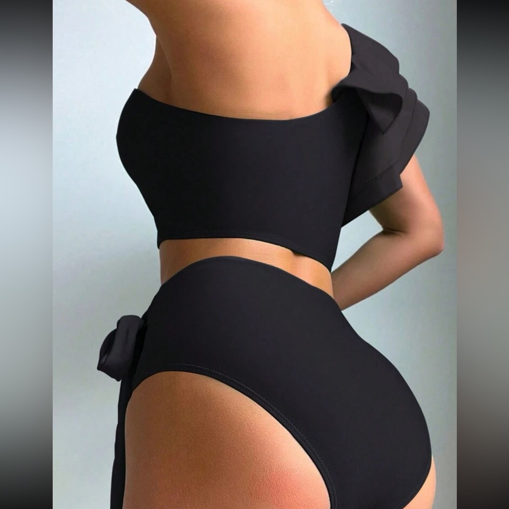 Black Swimsuit Swear wear Ruffle Trim One Shoulder Top High Waist Bottom - Picture 3 of 15